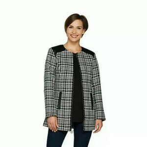 Dennis Basso | Tweed Jacket with Faux Leather Trim Accents | Teal